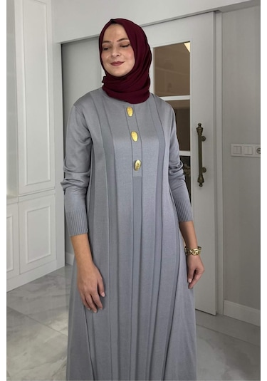 Yaprak Triko Elbise Gri Normal
