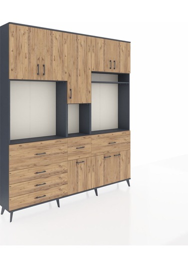 Arges Dolap 10 Raflı 6 Çekmeceli 8 Kapaklı 220x30x243 Antrasit-çam/çam Atlas Çam/atlas Çam