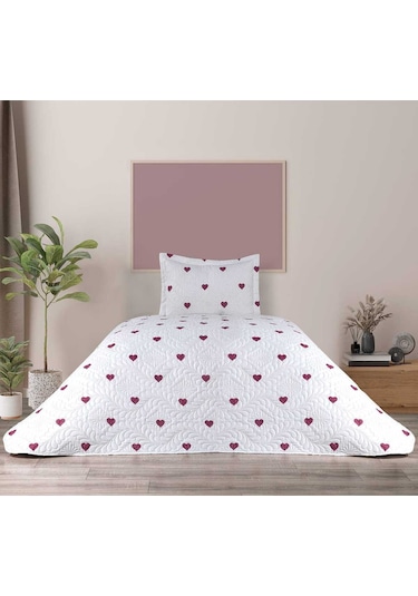 Love Çift Taraflı 2 Parça Tek Kişilik Yatak Örtüsü Beyaz