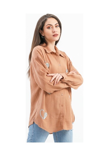 Taşlı Kalp İşlemeli Keten Gömlek - Vizon-vizon Vizon