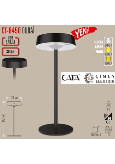 Cata Ct 8450 Dubai Solar Şarjlı Masa Lambası 6400k-3200k-amber