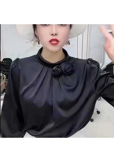 Zarif Ofis Kadın Çiçek Dekorasyon Saten Bluz Şifon Gömlek Kadın Üstleri Sonbahar Standı Yaka Uzun Kollu Elbise 23174 Siyah
