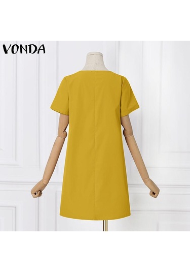 Beyaz Vonda Bayan Yaz Yuvarlak Yaka Kısa Kollu Yırtmaçlı İnci Düğme Düz Tek Renk Kısa Elbiseler
