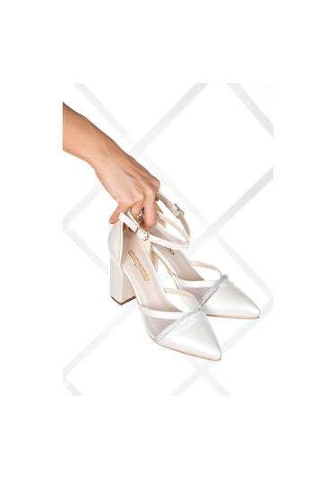 Molly Sedef Vegan Taşlı Fileli Kalın Topuklu Ayakkabı Sedef