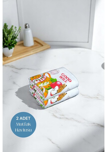 2li Paket Baskılı Beyaz Mutfak Havlusu Modeli Good Day