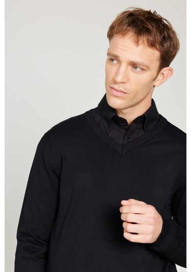 AC&Co / Altınyıldız Classics  Erkek Sıyah Standart Fit Normal Kesim V Yaka Triko Kazak Siyah