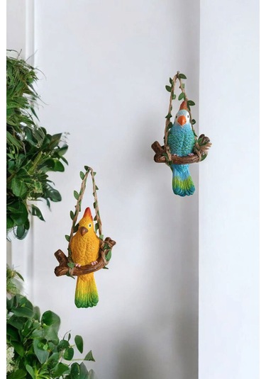 2 Adet Dekoratif Sallanan Duvar Ve Bahçe Süsü Papağan Sarı-mavi