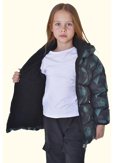 Kız Çocuk Dijital Desen Polar Su Ve Rüzgar Geçirmez Kapüşonlu Şişme Kışlık Mont Siyah - Yeşil