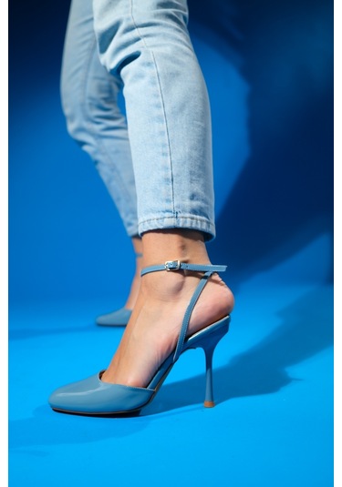 Luvishoes Blues Mavi Rugan Yuvarlak Burun Bilekten Bağlamalı Kadın Yüksek Topuklu Ayakkabı Mavi