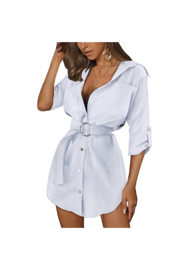 Kadınlar İçin Yazlık Düz Renk V Yakalı Gömlek Elbise Beyaz