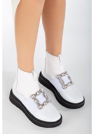 Rugan Streç Taşlı Kalın Taban Beyaz Kadın Bot-2618-beyaz Beyaz