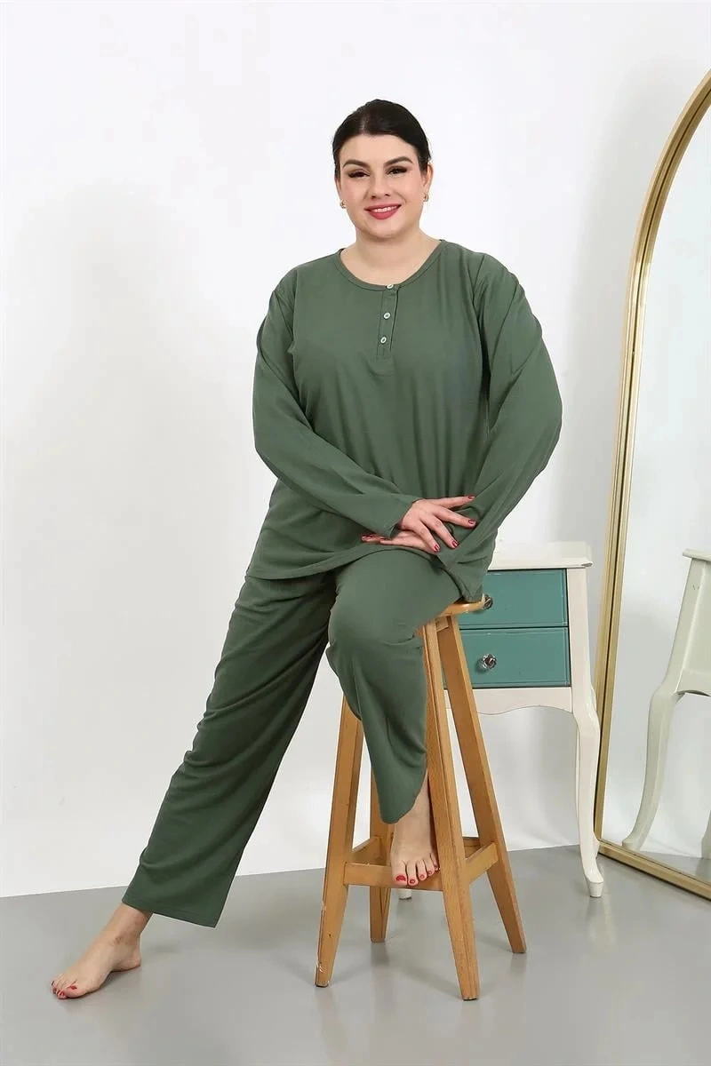 Moda Kadın Büyük Beden Uzun Kol Penye Pijama Takımı Haki Haki