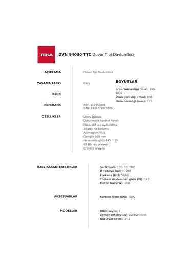 Teka DVN 94030 TTC BK Duvar Tipi Davlumbaz 112950008