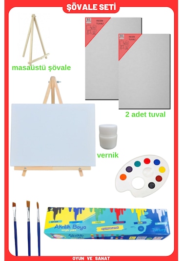 Resim Boya Seti - Mini Masa Şövalesi, 2 Tuval, Resim Verniği, Akrilik Boya Palet, Masaüstü Şövalye