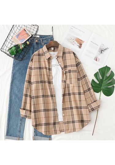 Haki Qooth Kadın Sonbahar Kış Fırçalanmış Ekose Bluz Retro Zarif Gevşek Uzun Kollu Gömlek Ceket Qt1910 Haki