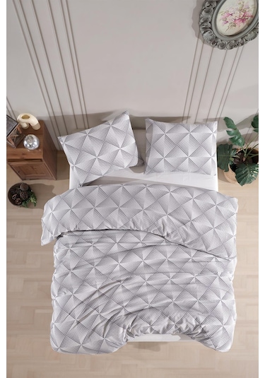 Pamuklu Çift Kişilik Nevresim Seti Nevresim Ve Yastık Kılıfı Çarşafsız Geo Beyaz