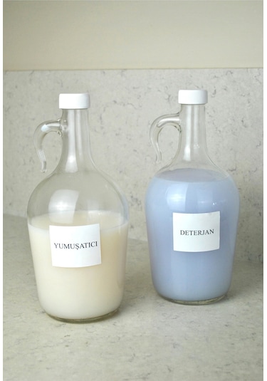 2'li 1500 Ml Sıvı Deterjan Şişesi Etiketli Cam Galon Şişe 1.5 Litre Şeffaf