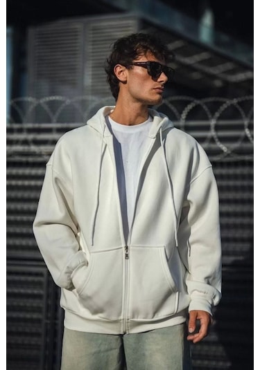 Blacktree Oversize Tam Fermuarlı Uzun Kol Hırka - Beyaz Beyaz