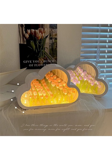 Xurunkeji Bulut Lale Lambası, Kendin Yap Lale Gece Lambası, Bulut Lale Aynalı Gece Lambası, Lale Led Masa Lambaları, Masa Lambası-pembe Pembe