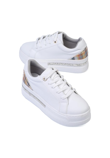 Shoetek Olala Kadın Sneakers Bağcıklı Arka Desenli Spor Ayakkabı Beyaz Deri Beyaz