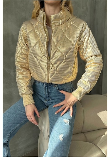 Topshow Modern Deri Görünümlü Mont Gold