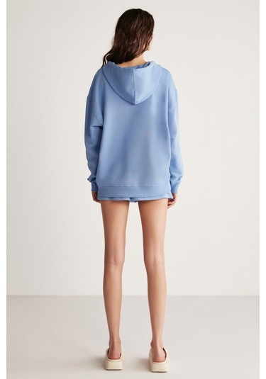 GRIMELANGE Ametıs Kadın Oversize Organik Pamuklu Metal Fermuarlı Kapüşonlu Mavi Sweatshirt Mavi