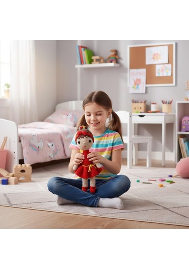 Kırmızı Elbiseli El İşi Amigurumi Oyuncak Kız Bebek Kırmızı