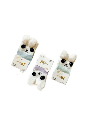 Kız Bebek 0-6 Ay Kedi Figürlü Peluş Tüy Kulaklı Çorap 3 Adet Çok Renkli