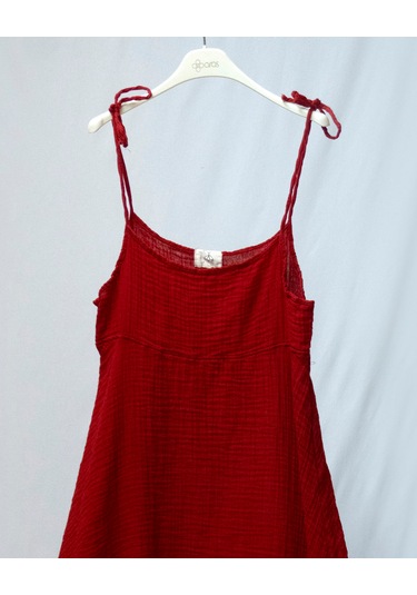 %100 Pamuk Müslin Nefes Alır Kadın Askılı Gecelik Elbise Pijama Rahat, Şık Gots Sertifikalı Kırmızı