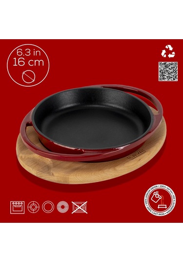 Lava Döküm Yuvarlak Sahan Döküm Demir Yekpare Çift Kulplu Kayın Servis Ahşabı Çap Ø 16cm.-bordo Bordo