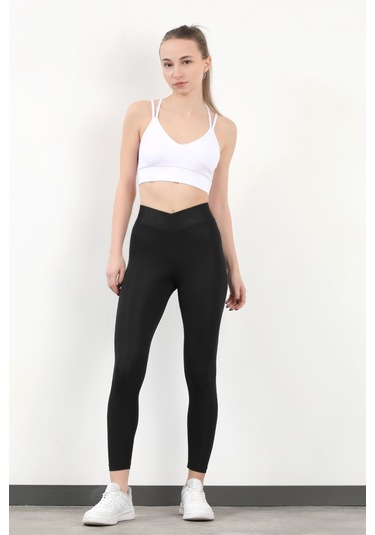 Giysa Kadın Bel Çapraz Lastikli Slim Fit Tayt Siyah - 4019 Siyah