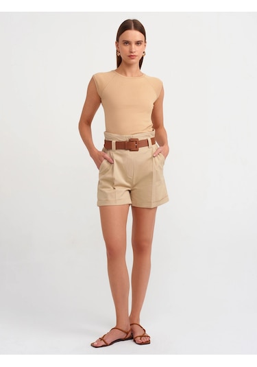 Ollacollection Yüksek Bel Kemerli Şort Camel