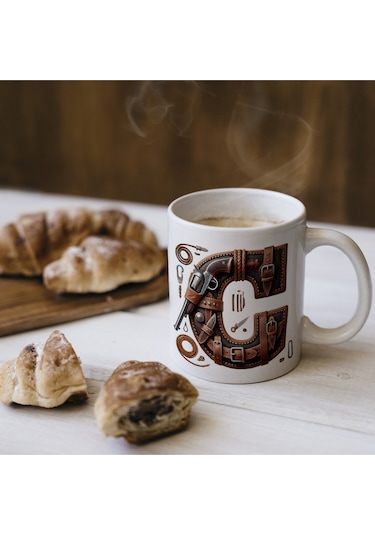 C Harfi Kovboy Temalı Bardak 330 Ml İsim / Harf Kişiye Özel Hediye - Vahşi Batı Konsept Beyaz