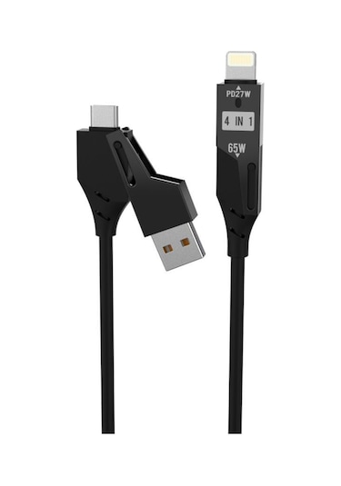 Torima U110 Siyah 4'ü 1 Arada Type-C Lightning Usb-A 65 W Super Hızlı Akordiyonlu Şarj Kablosu