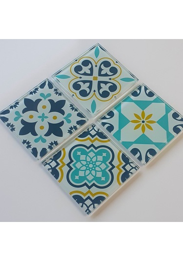 Decorita Cam Bardak Altlığı|Modern Çini Desen|4'lüTakım|10cmx10cm Çok Renkli