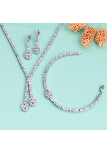 Gümüş Pazarım Su Yolu Süzme Baget Taşlı 925 Ayar Gümüş Düğün Seti Gümüş