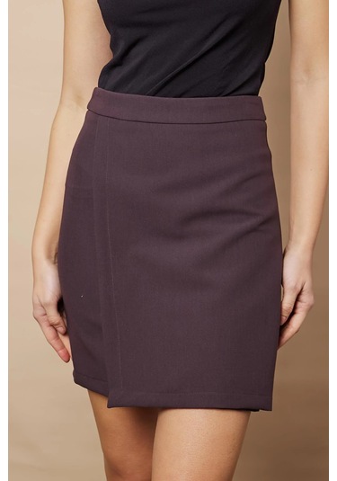 Kadın Hafif Likralı Kumaş Yüksek Bel Anvelop Kruvaze Hafif Mini Kalem Etek-kahve Kahve