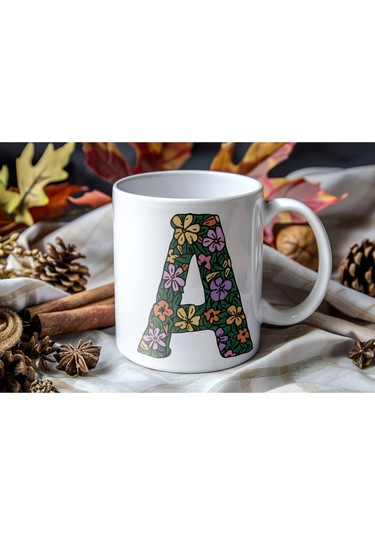 A Baş Harf Çiçek Desenleri İle Natural Tarz Kupa Bardak - Kişiye Özel Çiçekli Kahve Çay Bardak - Beyaz
