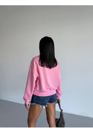 Esa35takı Kadın Bisiklet Yaka Sweatshirt Pembe