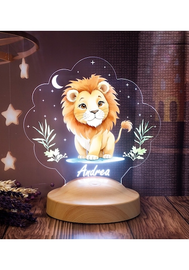 Sevimli Aslan Tasarımlı İsimli Çocuk Odası Gece Lambası, Aslan Bebek Doğum Günü Hediyesi Led Lamba