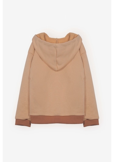 Luess Unisex Çocuk Kedi Nakışlı Fermuarlı Kapüşonlu Hırka Bej