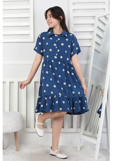 Papatya Desenli Kız Çocuk Elbise Lacivert