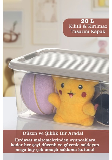 20 Lt Multibox Saklama Kabı - Kilitli Kapaklı Çok Amaçlı Düzenleyici Kiler Depolama Saklama Kutusu Bej