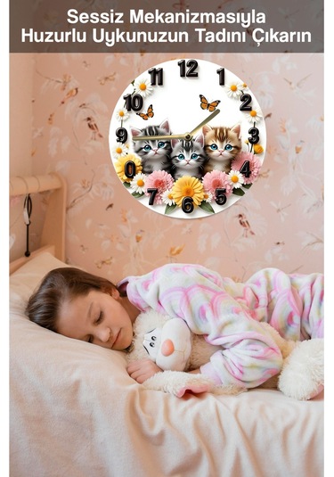 Sevimli Kedili Mdf Duvar Saati 3d Görünümlü, 2d Hd Baskı, 33 Cm 3d Görünümlü Sdw231 Renkli
