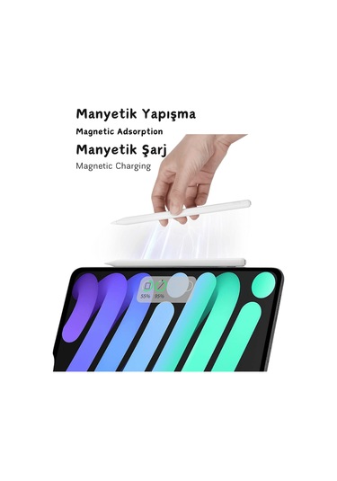 İpad Air 11 2024 Uyumlu Yapışarak Manyetik Şarj Olabilen Avuçiçi Ve Eğim Özellikli Tablet Kalemi Beyaz