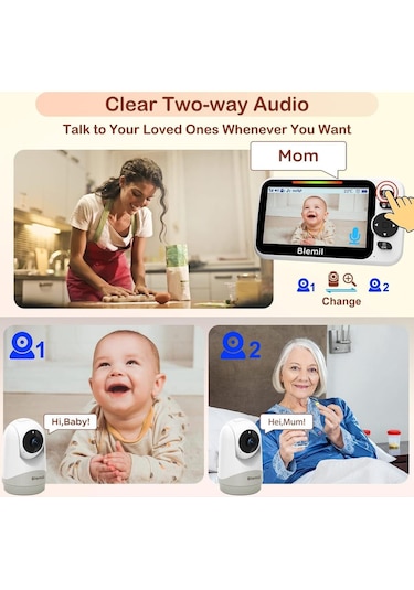 Blemil Bölünmüş Ekranlı Bebek Monitörü Çift Kamera Destekli Ses Özellikli 5 İnç Pan/tilt/zoom Gece