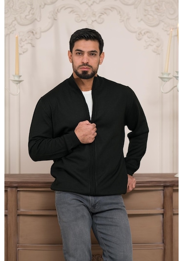 Woolen World Regular Fit Dik Yaka İnce Baharlık Triko Hırka Siyah