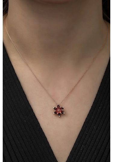 Ervanur Kadın Rose Altın Kaplama Kırmızı Taşlı Lotus Çiçeği Kolye Kırmızı