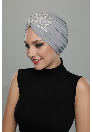 Kopma Astarlı İşlemeli Açık Gri Gül Motifli Hazır Türban Tesettür Abiye Bone Açık Gri