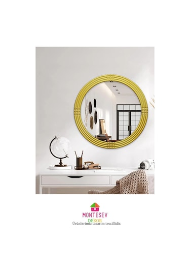 Safir Gold Dekoratif Ayna Yuvarlak Işlemeli Duvar Aynası 56 Cm
